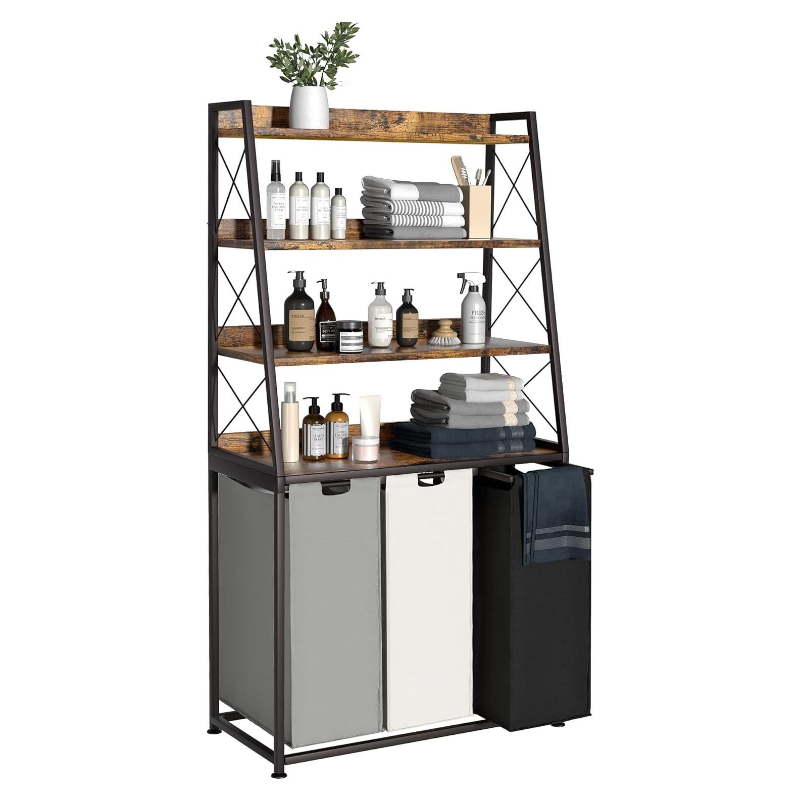 Cesta de Ropa Herture 3 Bolsas 60L con Estante 4 Niveles Marrón