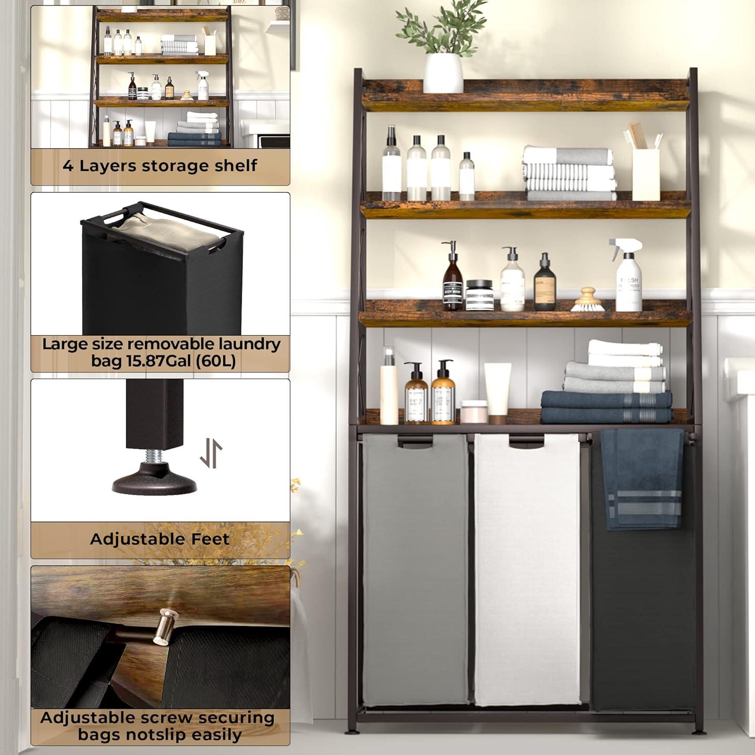 Cesta de Ropa Herture 3 Bolsas 60L con Estante 4 Niveles Marrón