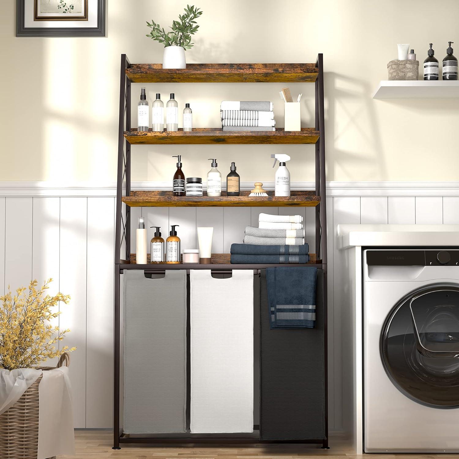 Cesta de Ropa Herture 3 Bolsas 60L con Estante 4 Niveles Marrón