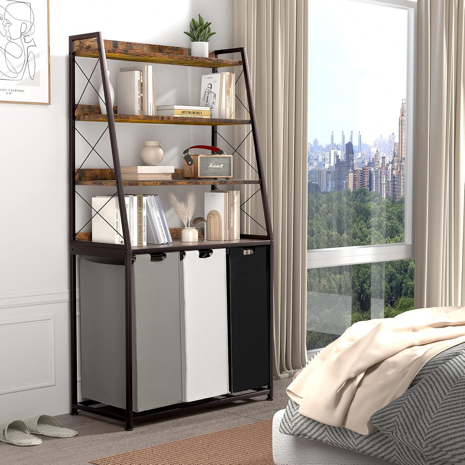 Cesta de Ropa Herture 3 Bolsas 60L con Estante 4 Niveles Marrón