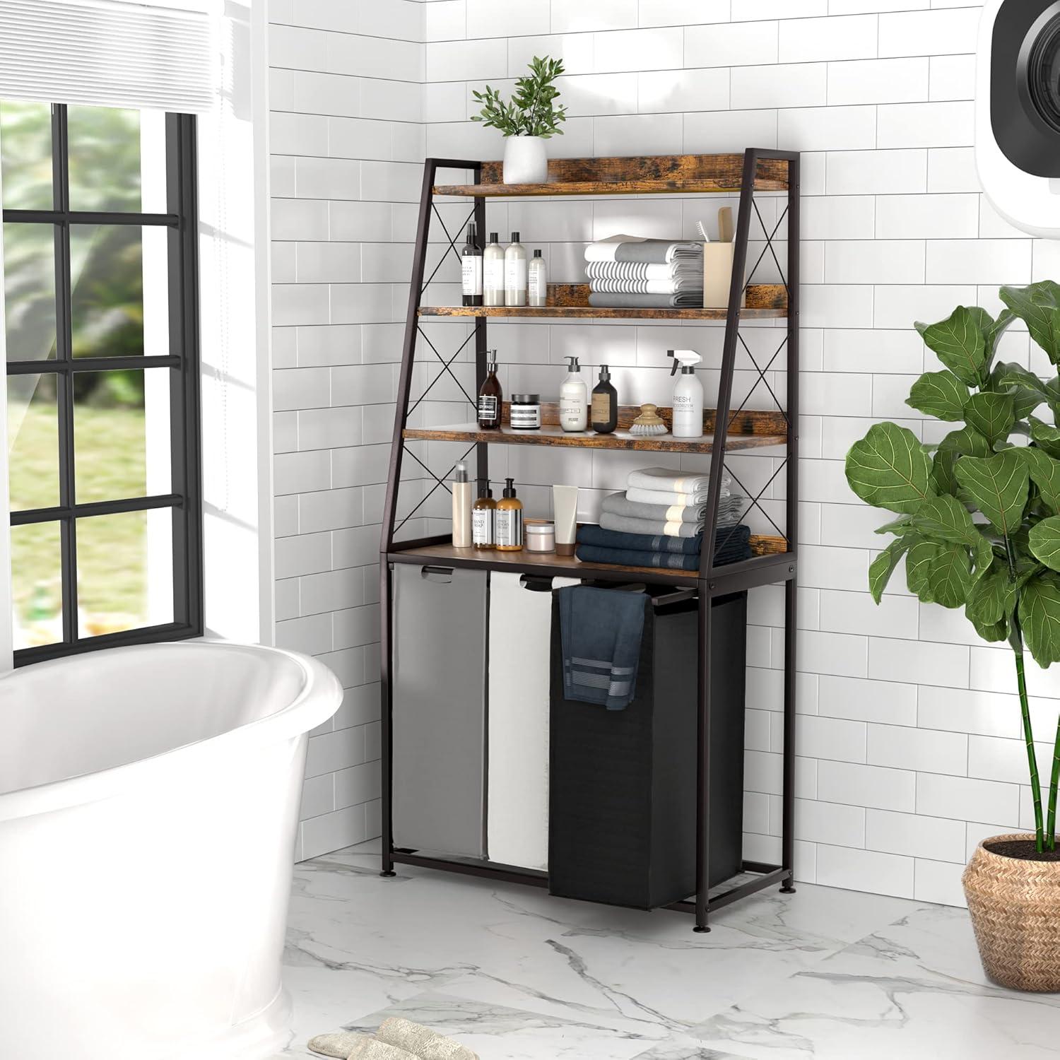 Cesta de Ropa Herture 3 Bolsas 60L con Estante 4 Niveles Marrón