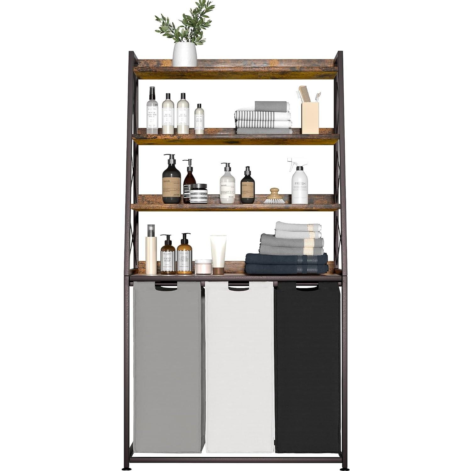 Cesta de Ropa Herture 3 Bolsas 60L con Estante 4 Niveles Marrón