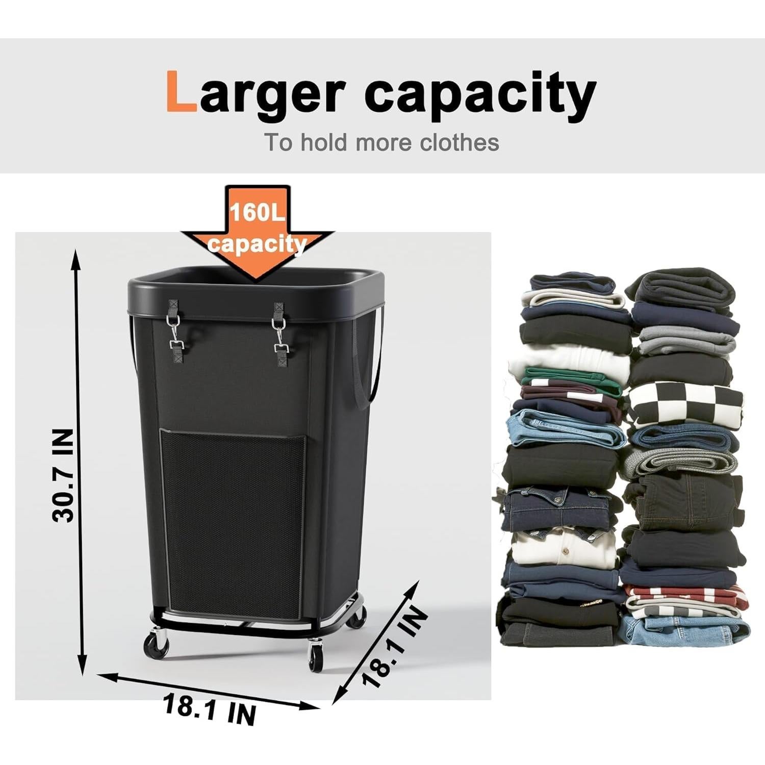 Cesta de lavandería con ruedas Knovkeey 160L Negra