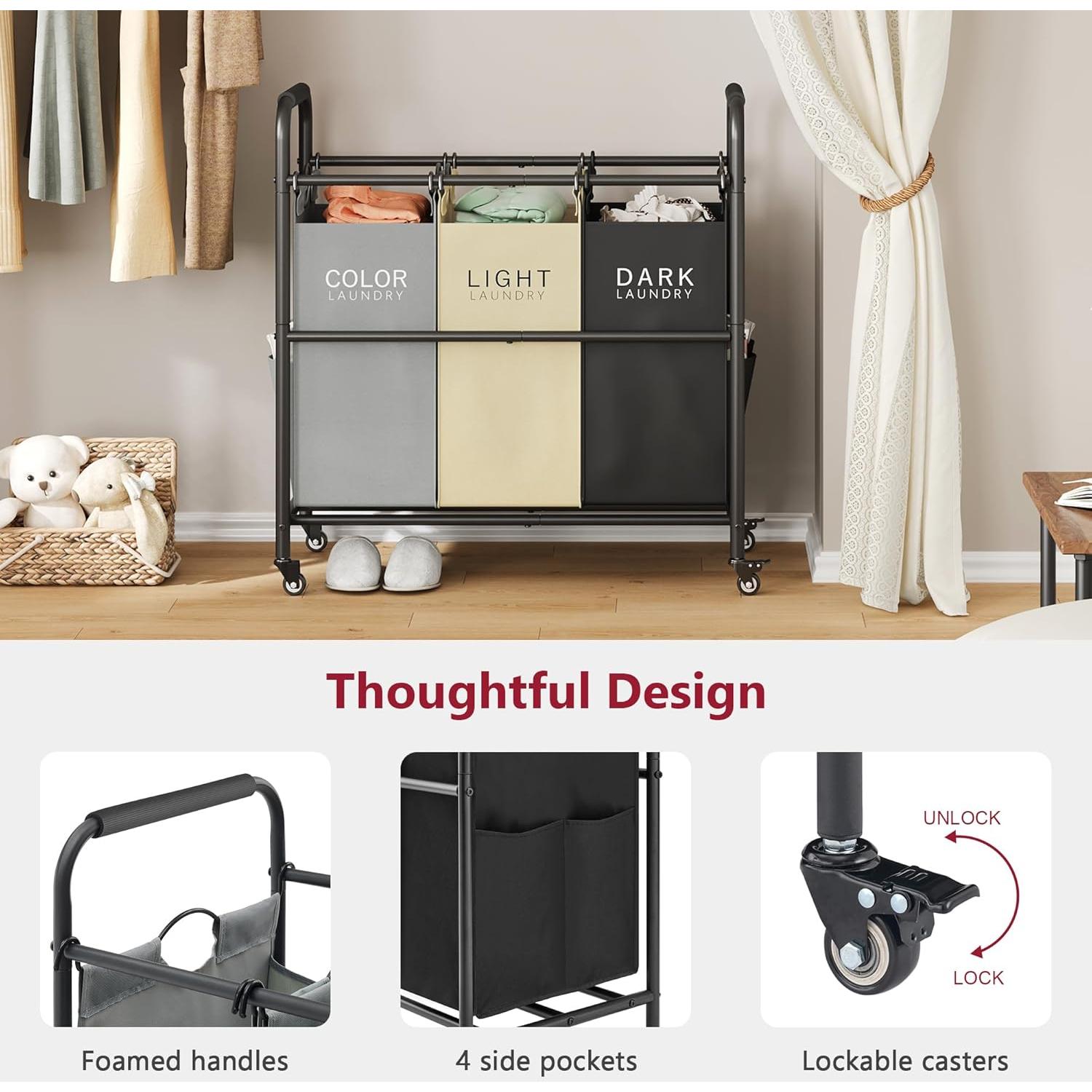 Carro Clasificador de Ropa Tajsoon 3 Bolsas 147L Gris/Blanco/Negro