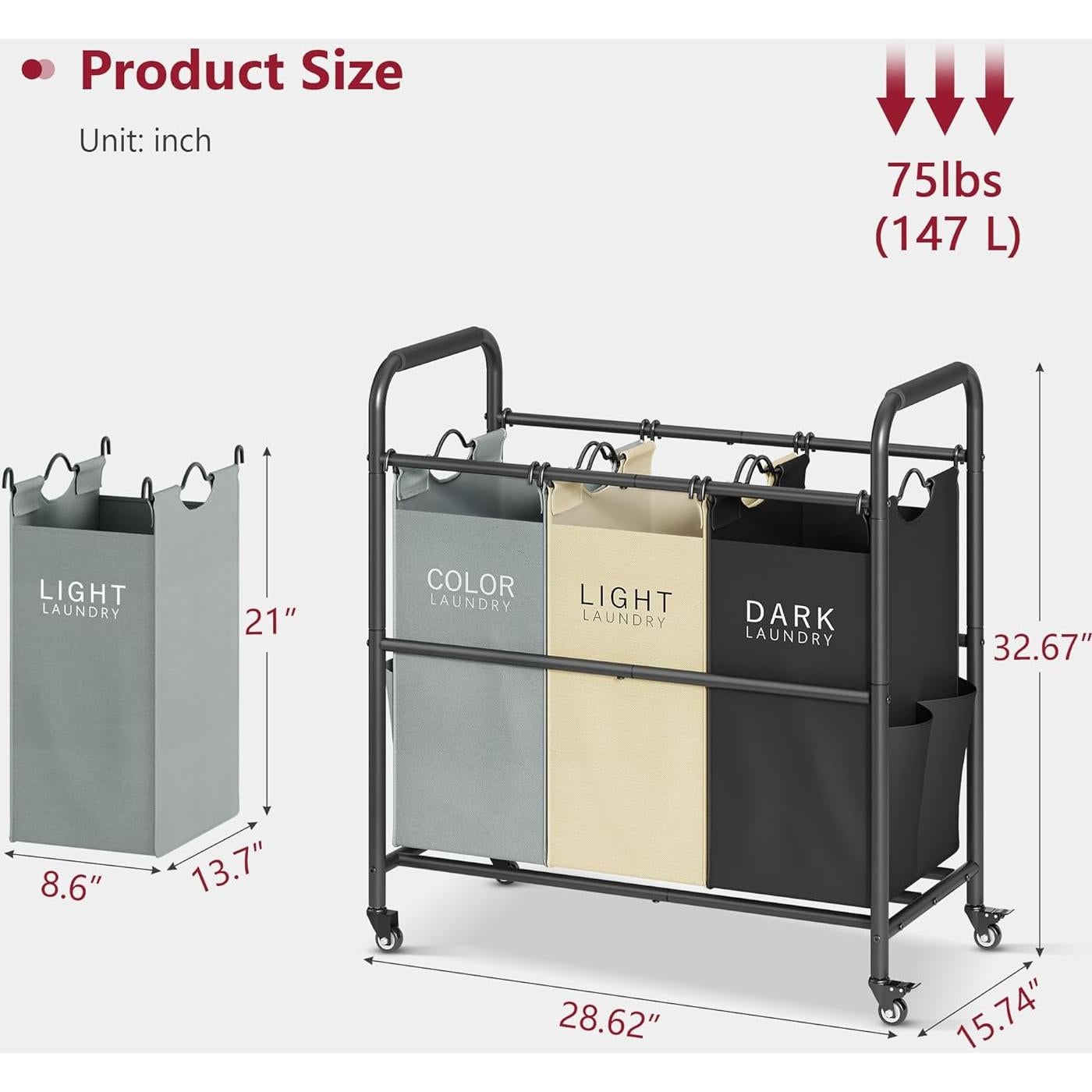 Carro Clasificador de Ropa Tajsoon 3 Bolsas 147L Gris/Blanco/Negro