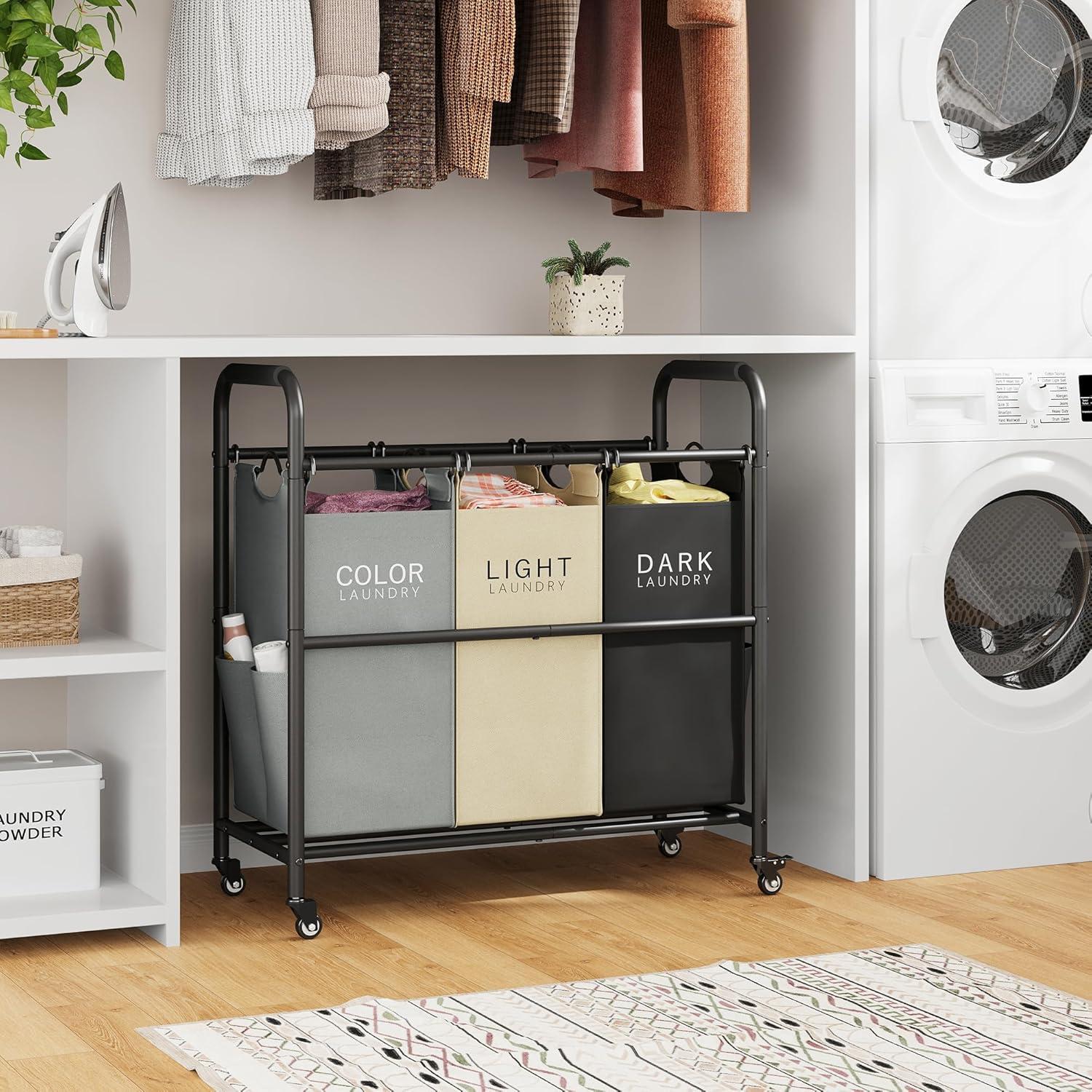 Carro Clasificador de Ropa Tajsoon 3 Bolsas 147L Gris/Blanco/Negro