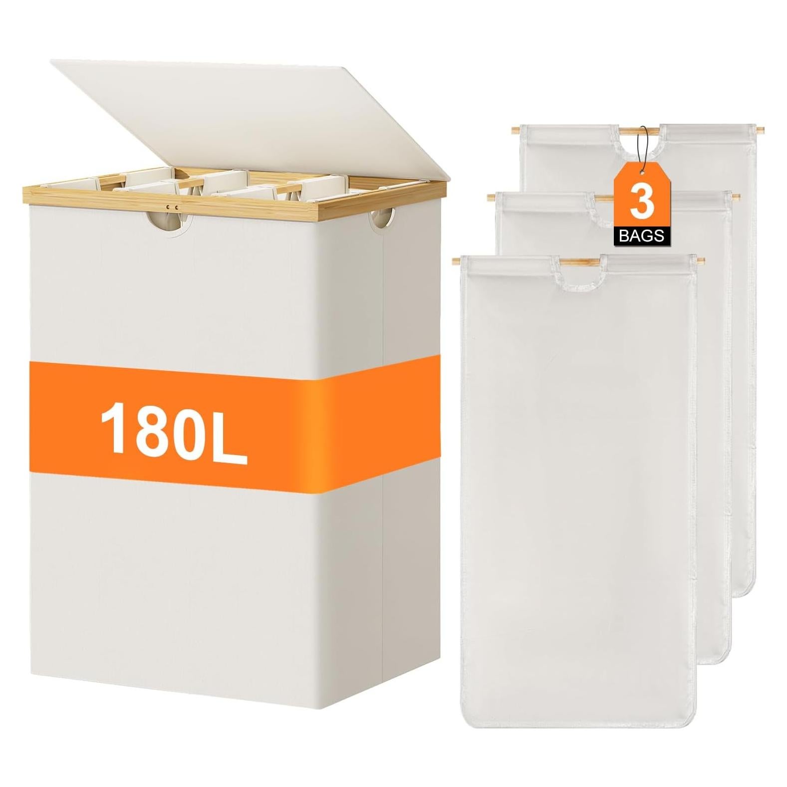 Cesto de Ropa 180L WOWLIVE Beige con Tapa y 3 Compartimentos