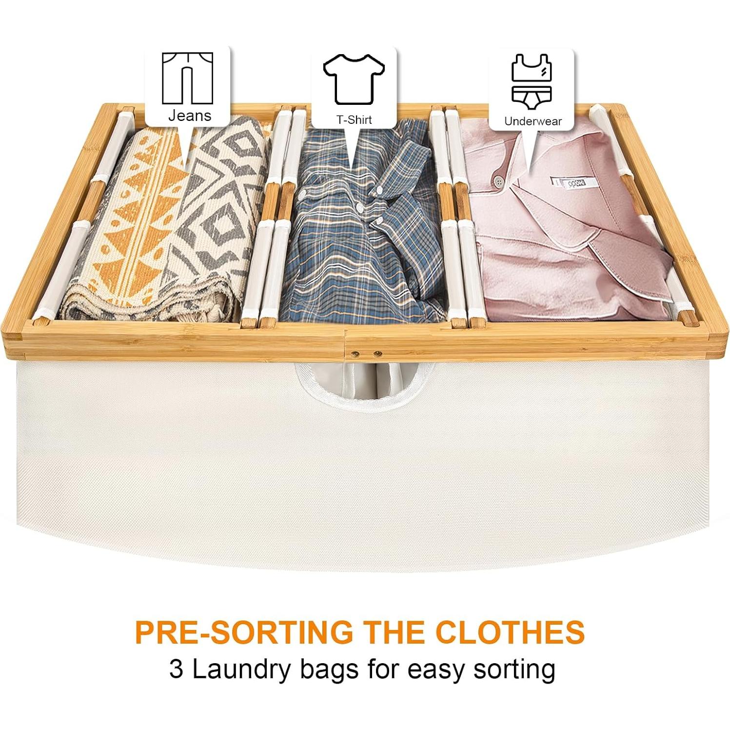 Cesto de Ropa 180L WOWLIVE Beige con Tapa y 3 Compartimentos