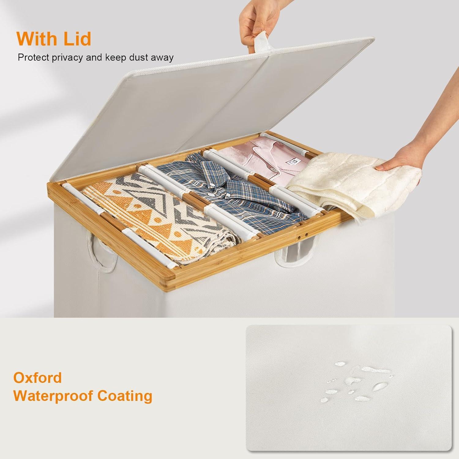 Cesto de Ropa 180L WOWLIVE Beige con Tapa y 3 Compartimentos