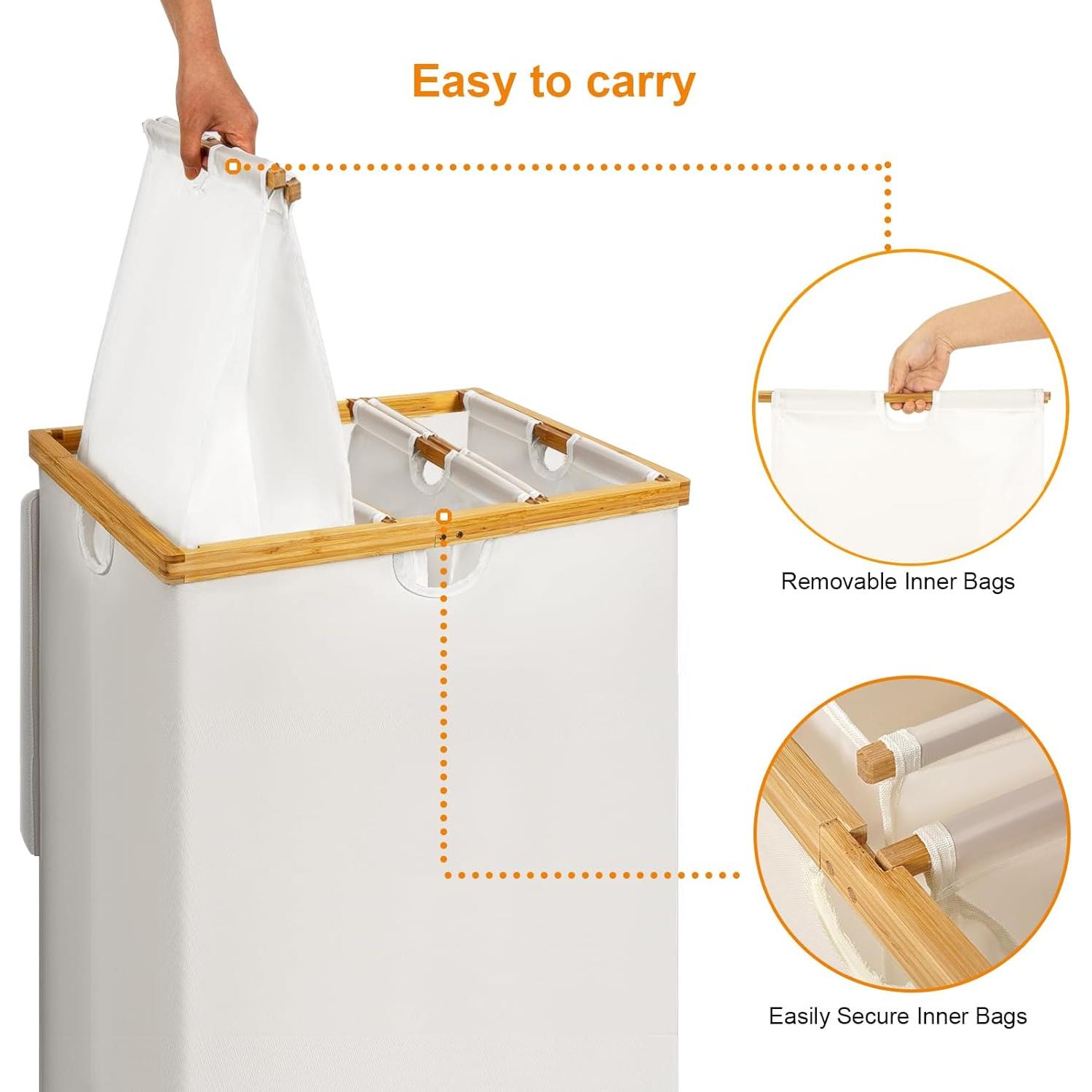 Cesto de Ropa 180L WOWLIVE Beige con Tapa y 3 Compartimentos