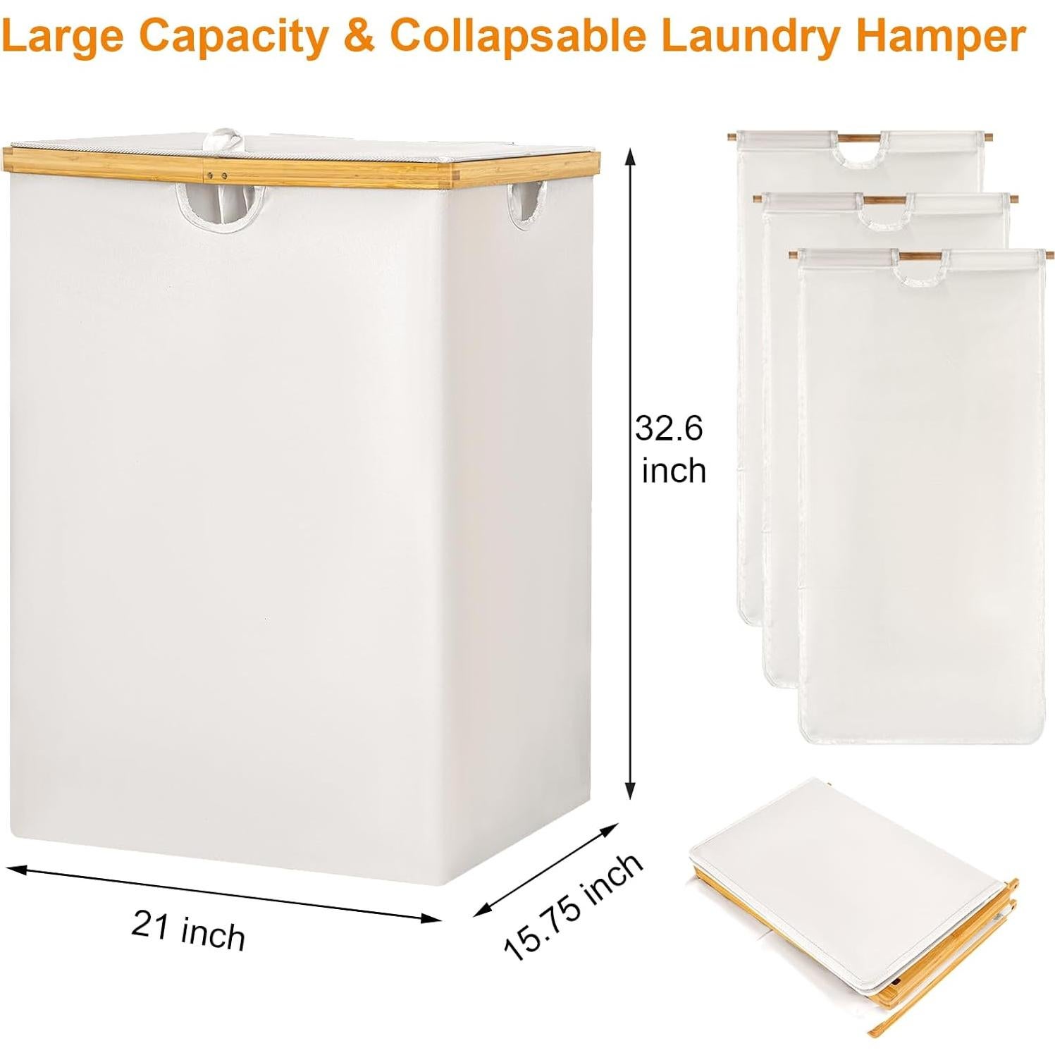 Cesto de Ropa 180L WOWLIVE Beige con Tapa y 3 Compartimentos