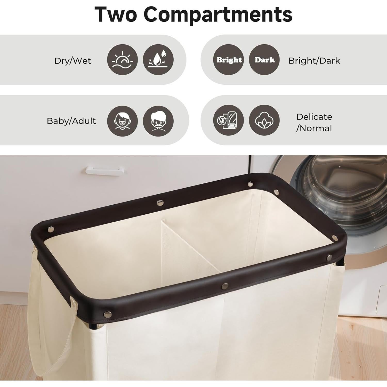 Cesta de Ropa 100L StorageWorks Beige con Ruedas y 2 Secciones