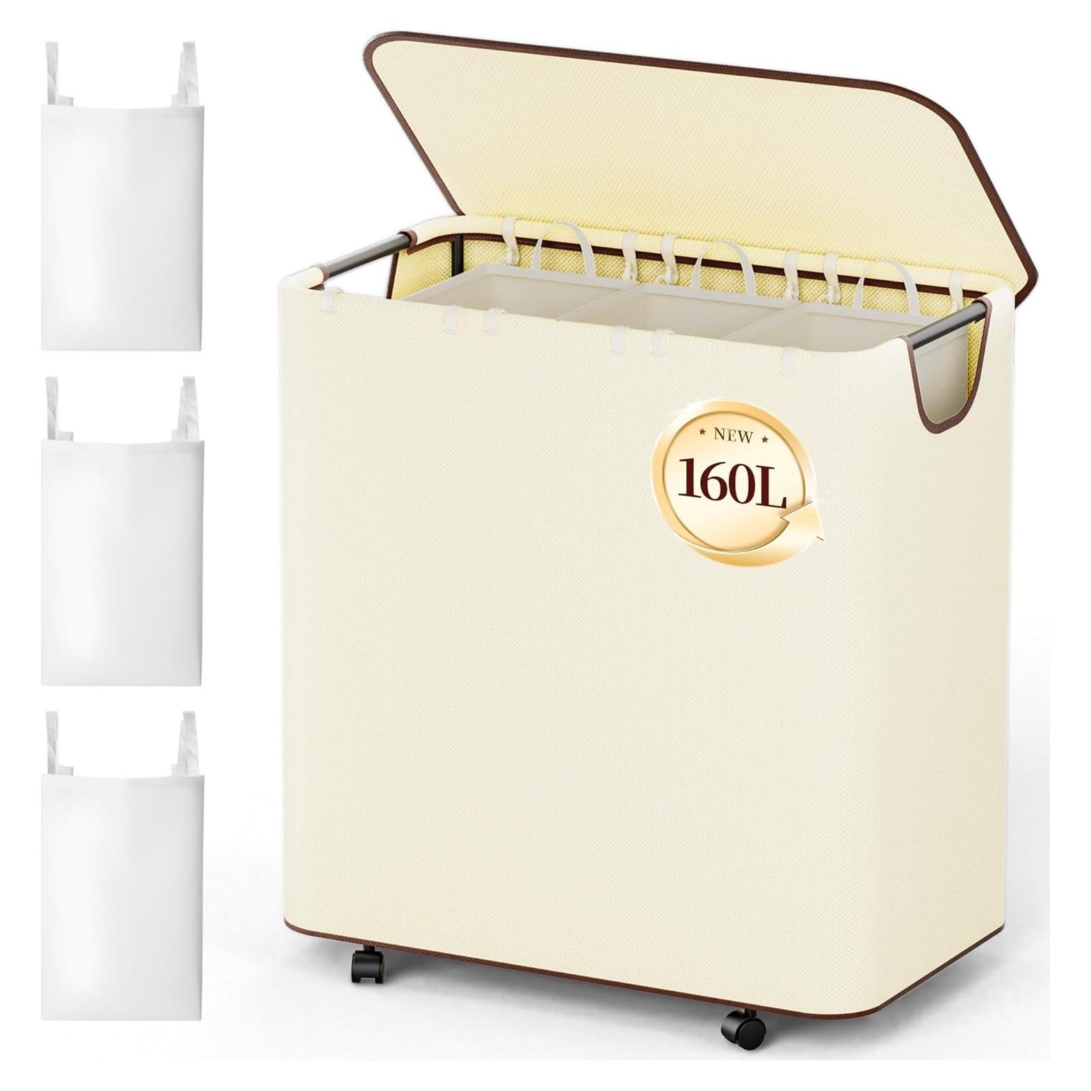 Cesto de Ropa LAMU 160L Beige con Ruedas y Tapa 3 Secciones