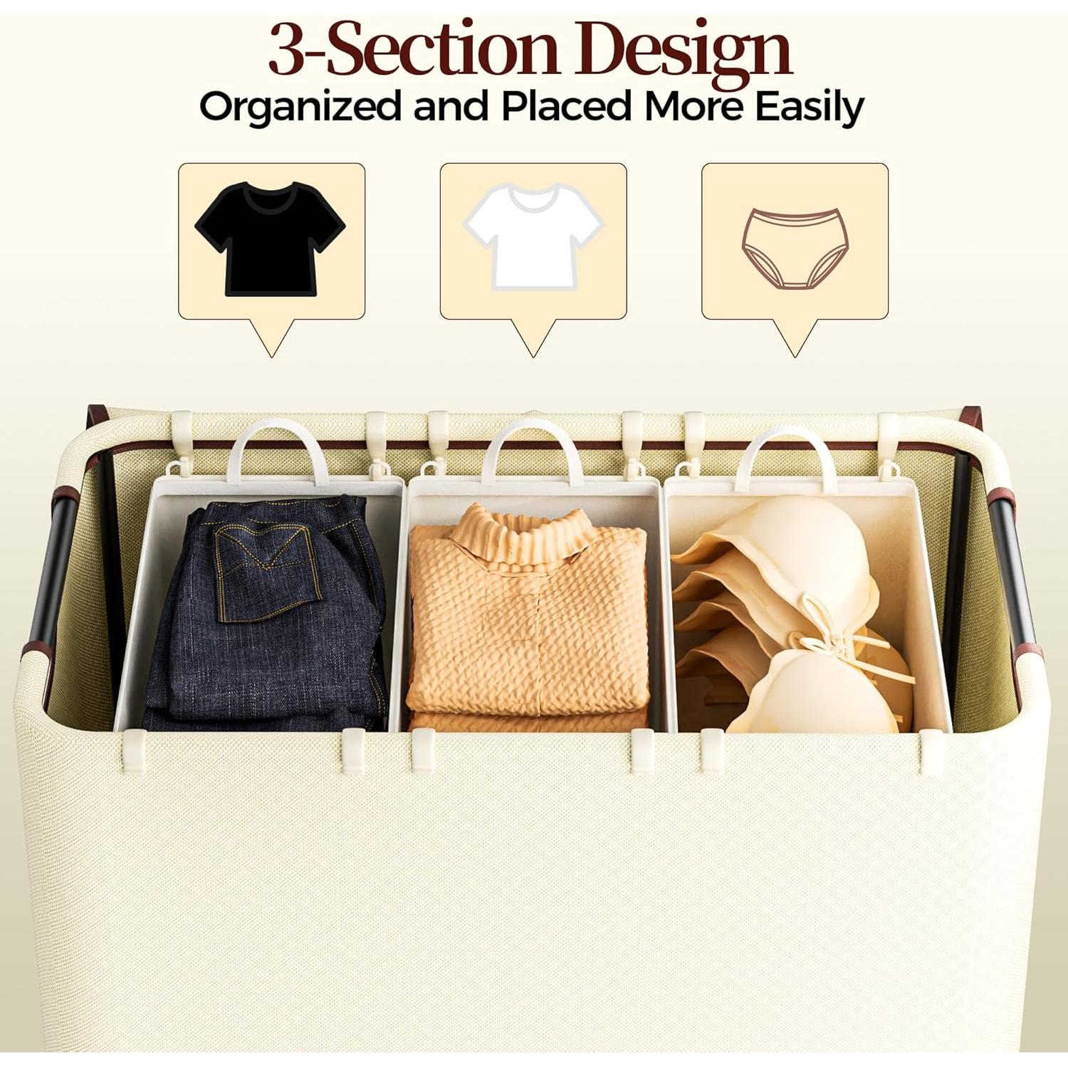 Cesto de Ropa LAMU 160L Beige con Ruedas y Tapa 3 Secciones