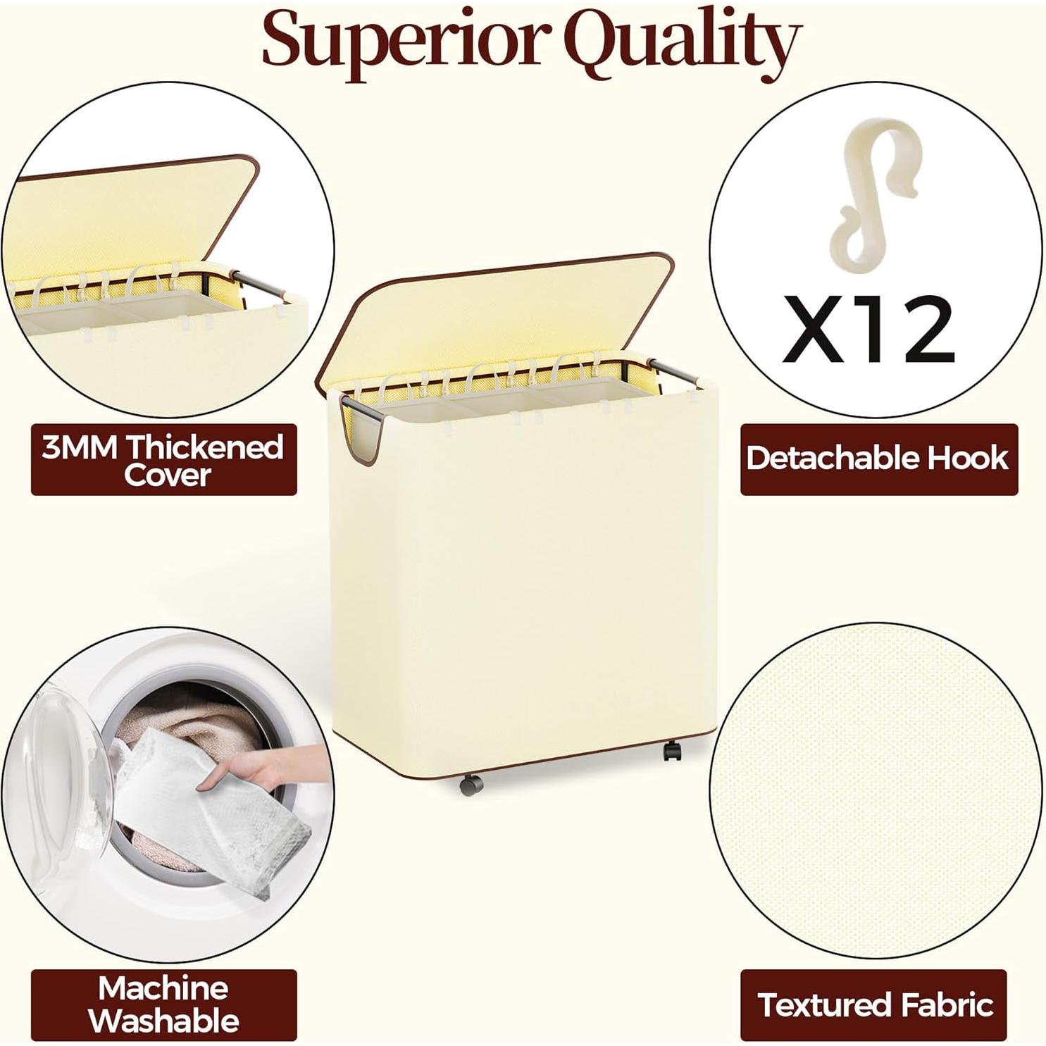 Cesto de Ropa LAMU 160L Beige con Ruedas y Tapa 3 Secciones