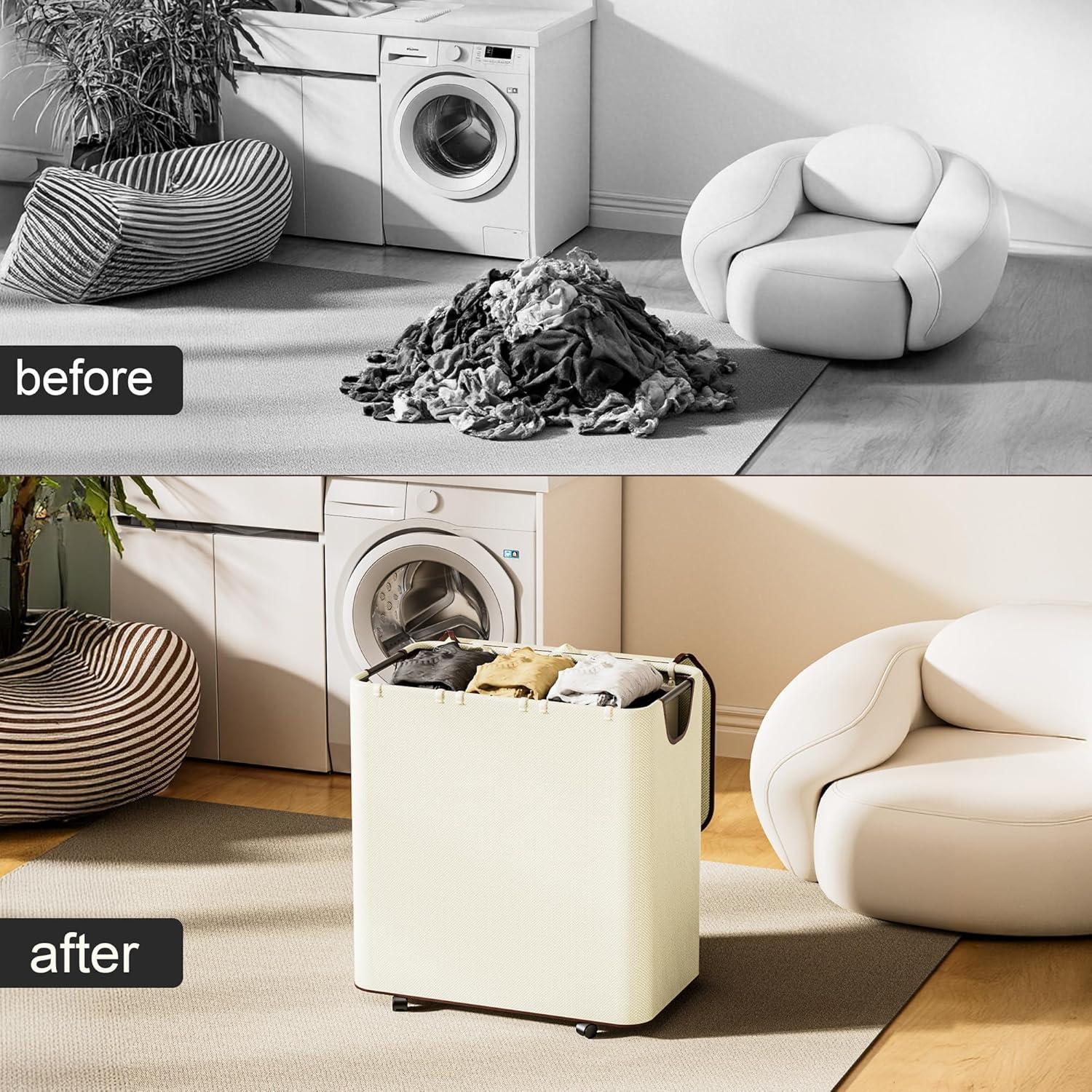 Cesto de Ropa LAMU 160L Beige con Ruedas y Tapa 3 Secciones