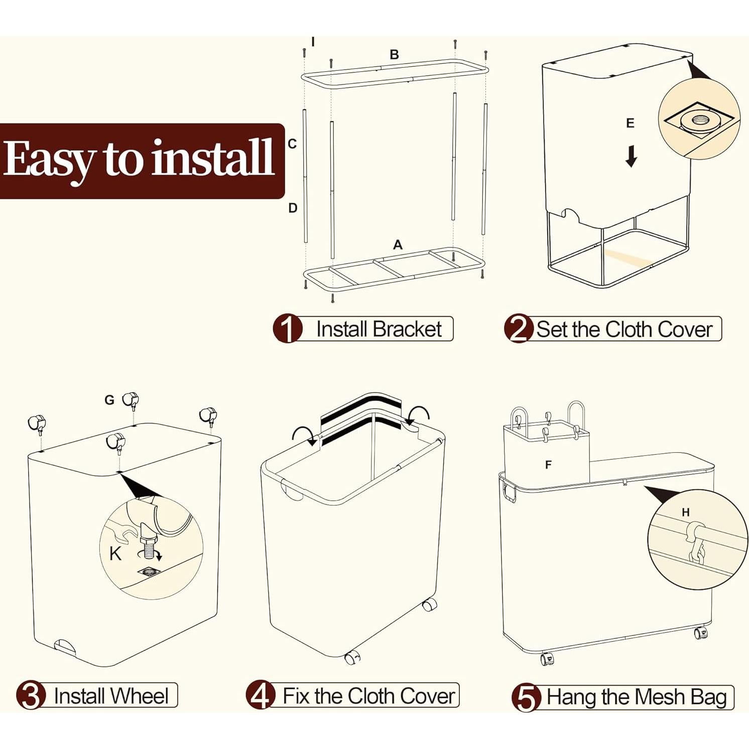 Cesto de Ropa LAMU 160L Beige con Ruedas y Tapa 3 Secciones