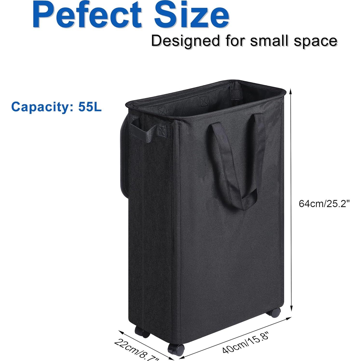 Cesta de Ropa Slim Vincona 55L con Tapa y Ruedas Negra