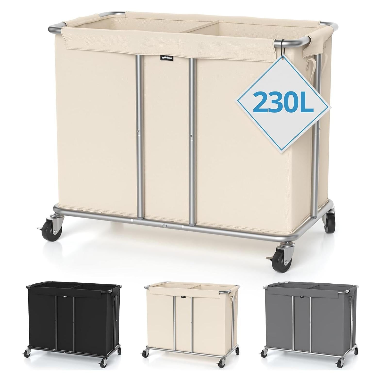 Hamper de Lavandería Rodante Hodonas 230L 2 Compartimentos Beige