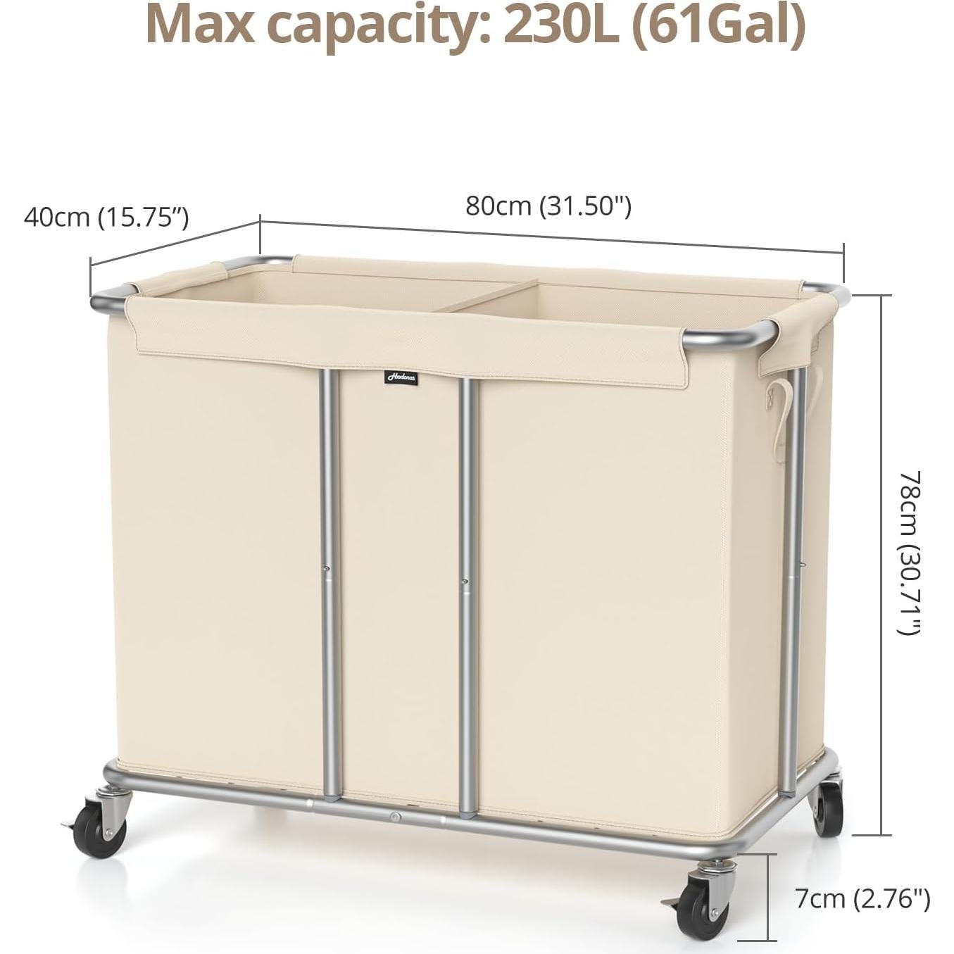 Hamper de Lavandería Rodante Hodonas 230L 2 Compartimentos Beige