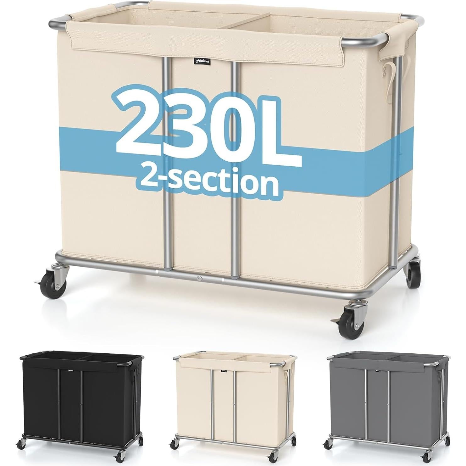 Hamper de Lavandería Rodante Hodonas 230L 2 Compartimentos Beige