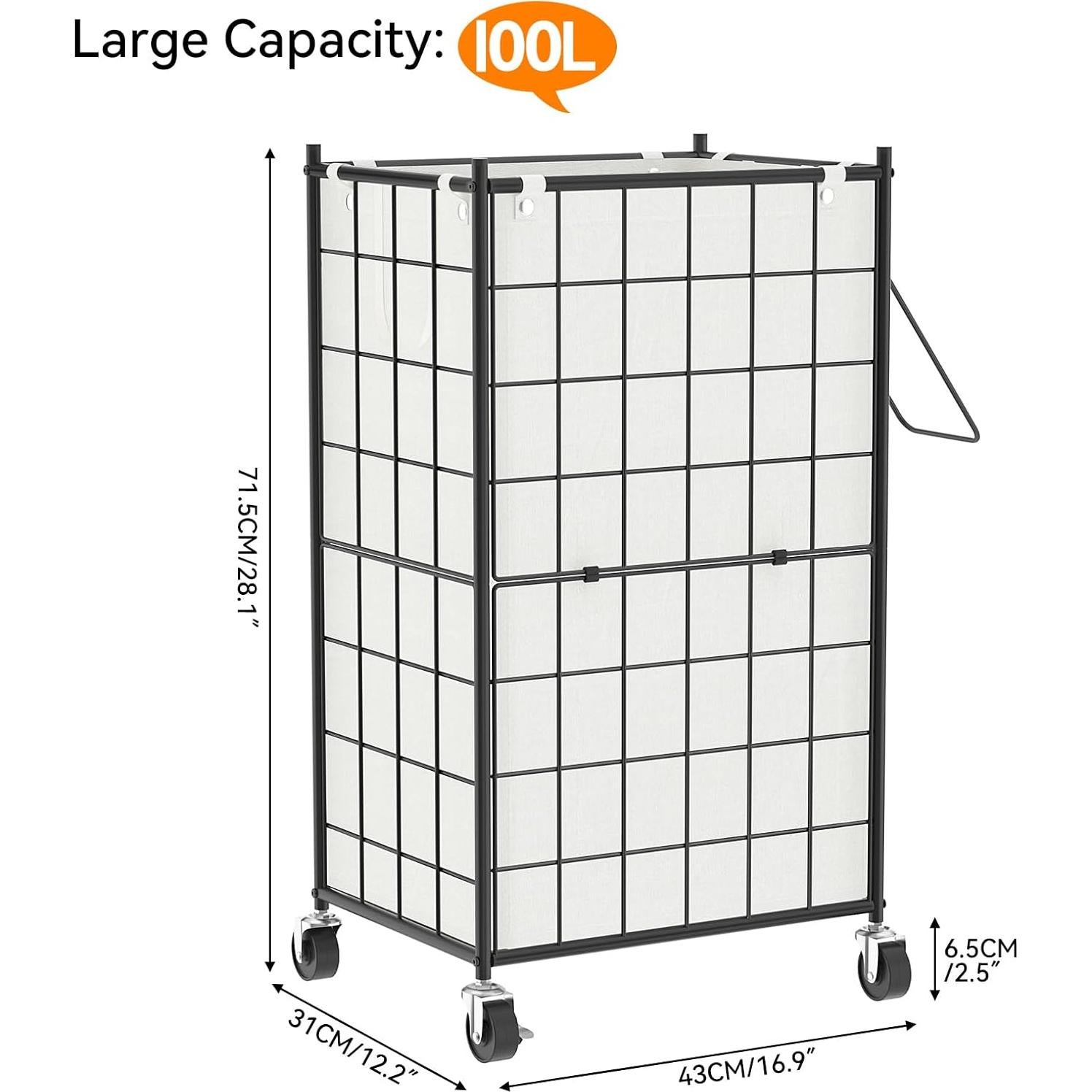 Cesto de Ropa Rodante WOWLIVE 100L con Ruedas y Bolsa Extraíble