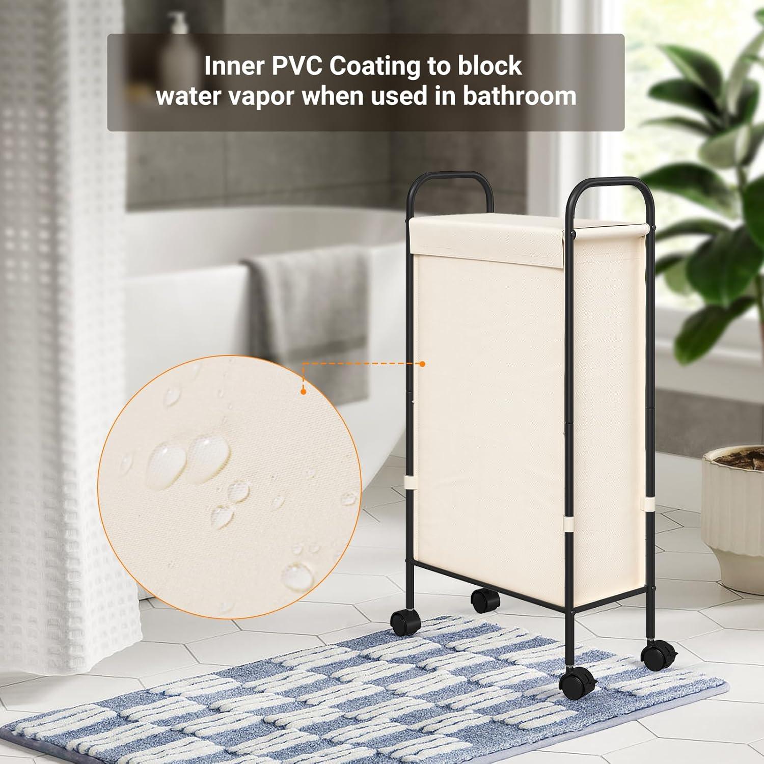 Cesta de Ropa Slim ELYKEN 50L con Ruedas y Tapa Crema