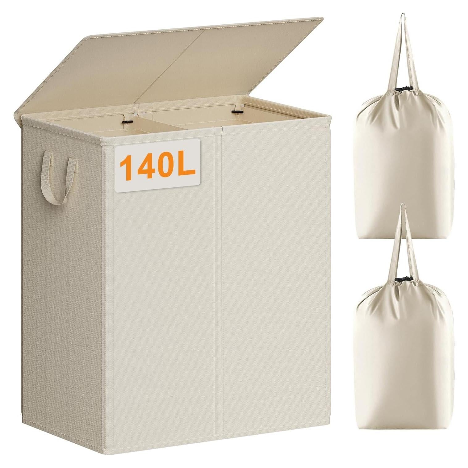 Cesto de Ropa Doble Chrislley 140L Beige con Tapa y Bolsas