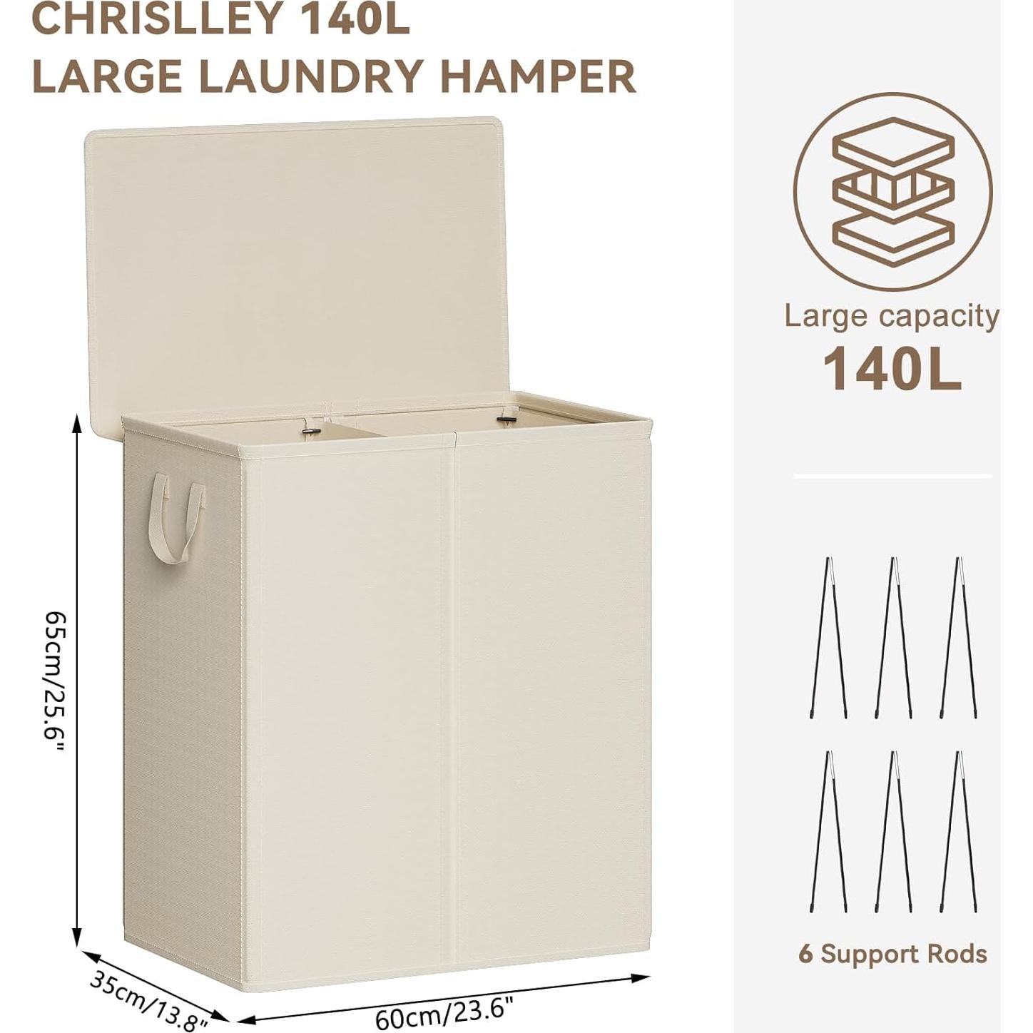 Cesto de Ropa Doble Chrislley 140L Beige con Tapa y Bolsas