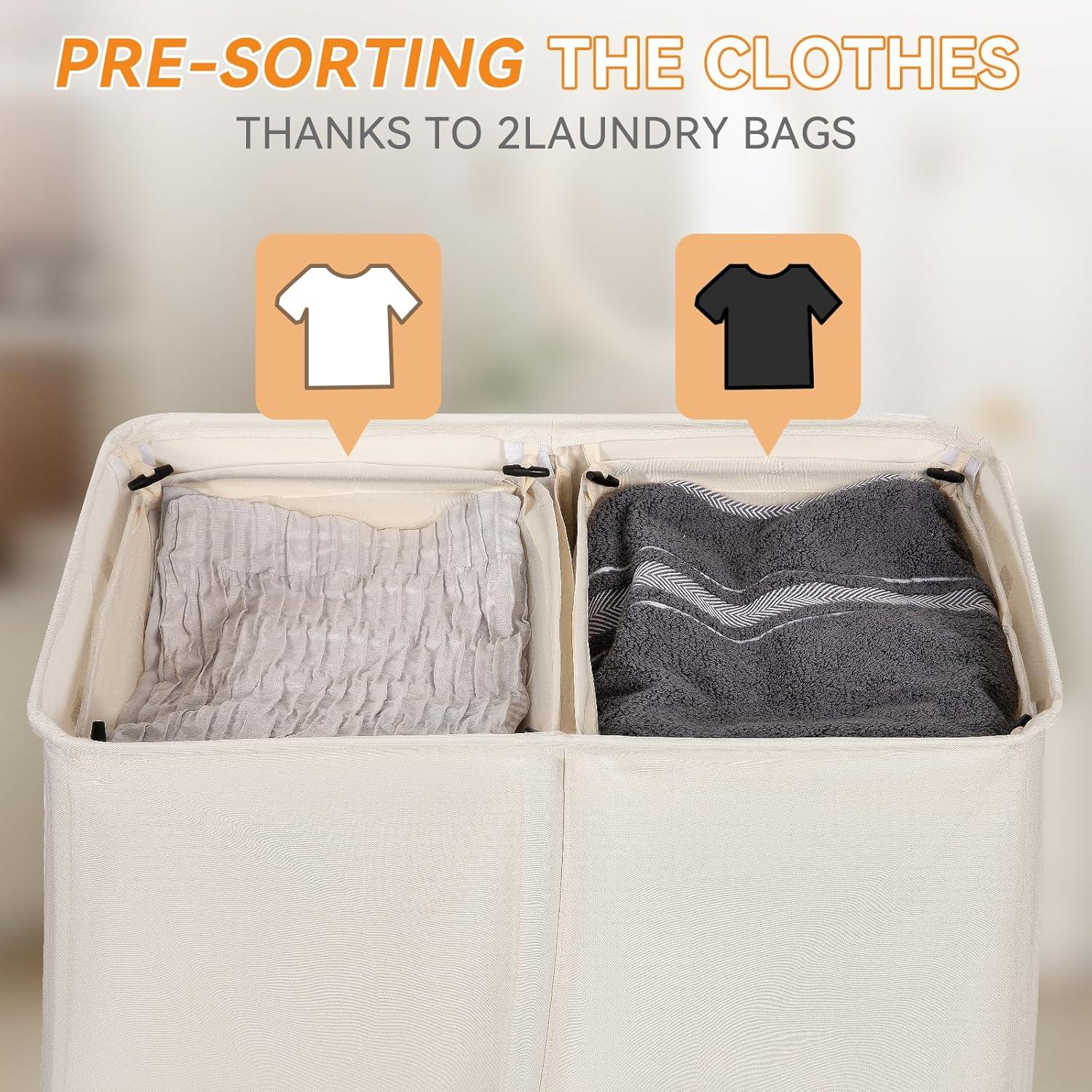 Cesto de Ropa Doble Chrislley 140L Beige con Tapa y Bolsas