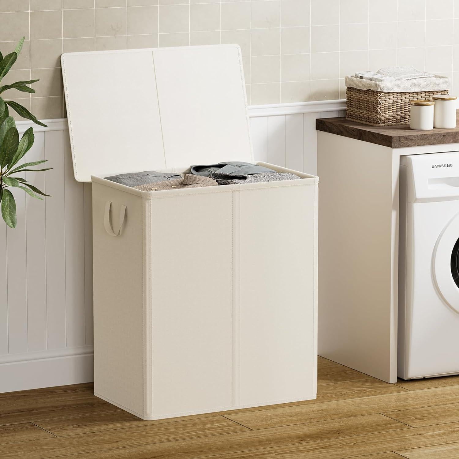 Cesto de Ropa Doble Chrislley 140L Beige con Tapa y Bolsas