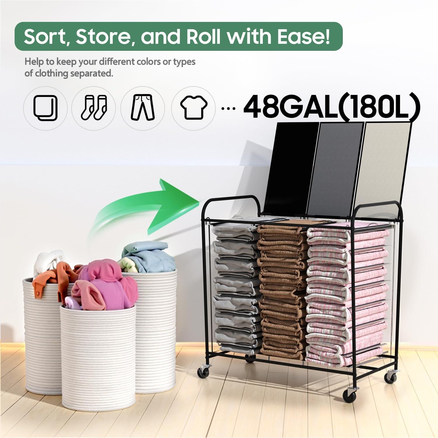 Clasificador de Ropa 180L Olldide con Ruedas y Tapa - 3 Secciones