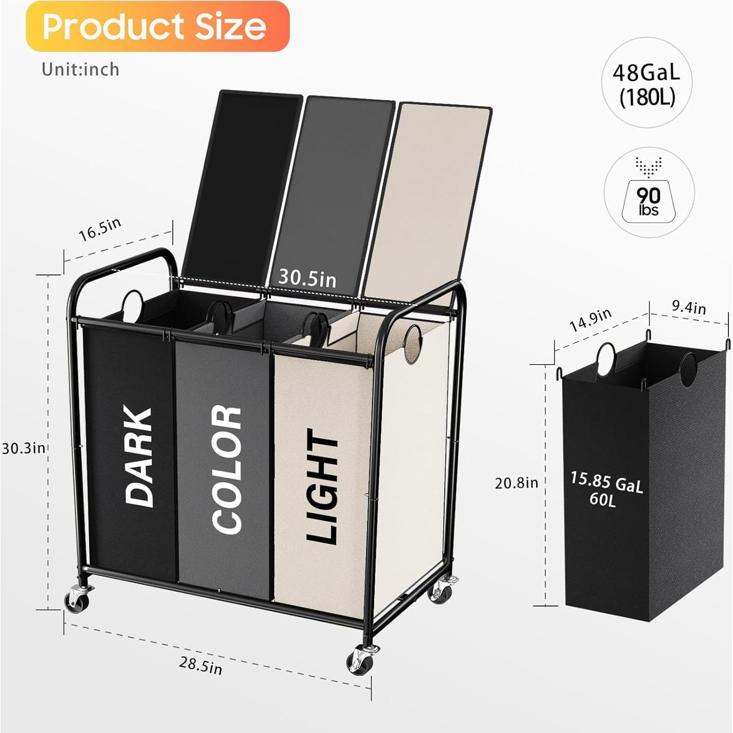 Clasificador de Ropa 180L Olldide con Ruedas y Tapa - 3 Secciones