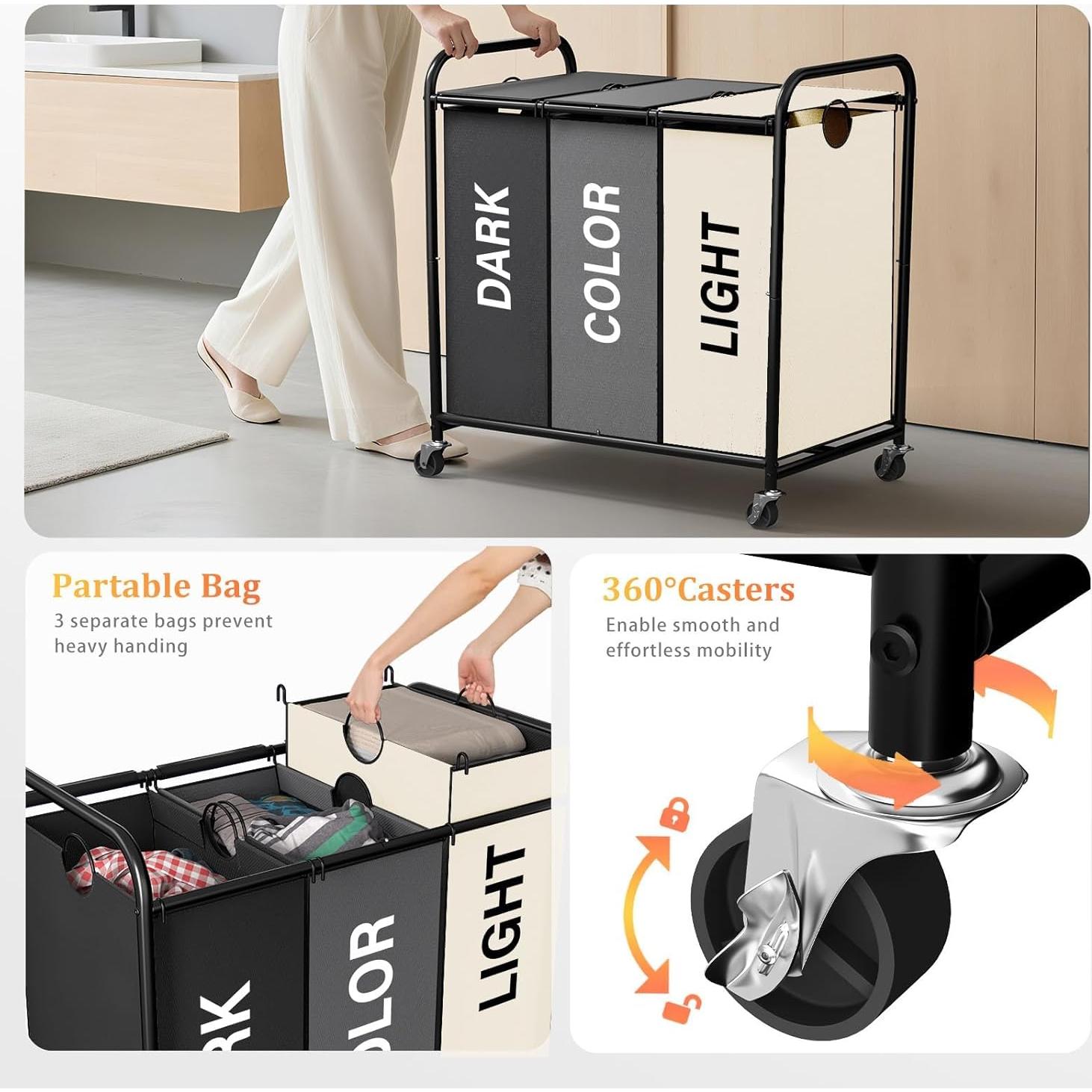 Clasificador de Ropa 180L Olldide con Ruedas y Tapa - 3 Secciones