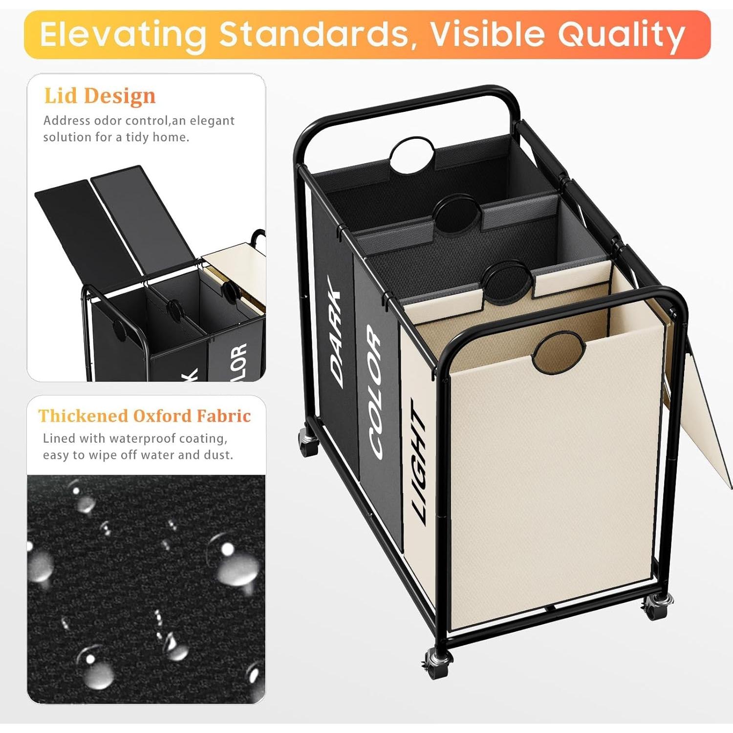 Clasificador de Ropa 180L Olldide con Ruedas y Tapa - 3 Secciones