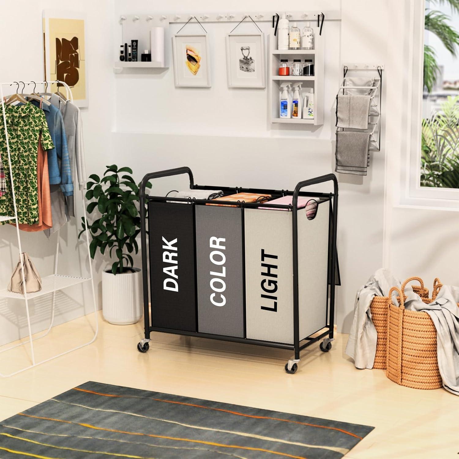 Clasificador de Ropa 180L Olldide con Ruedas y Tapa - 3 Secciones