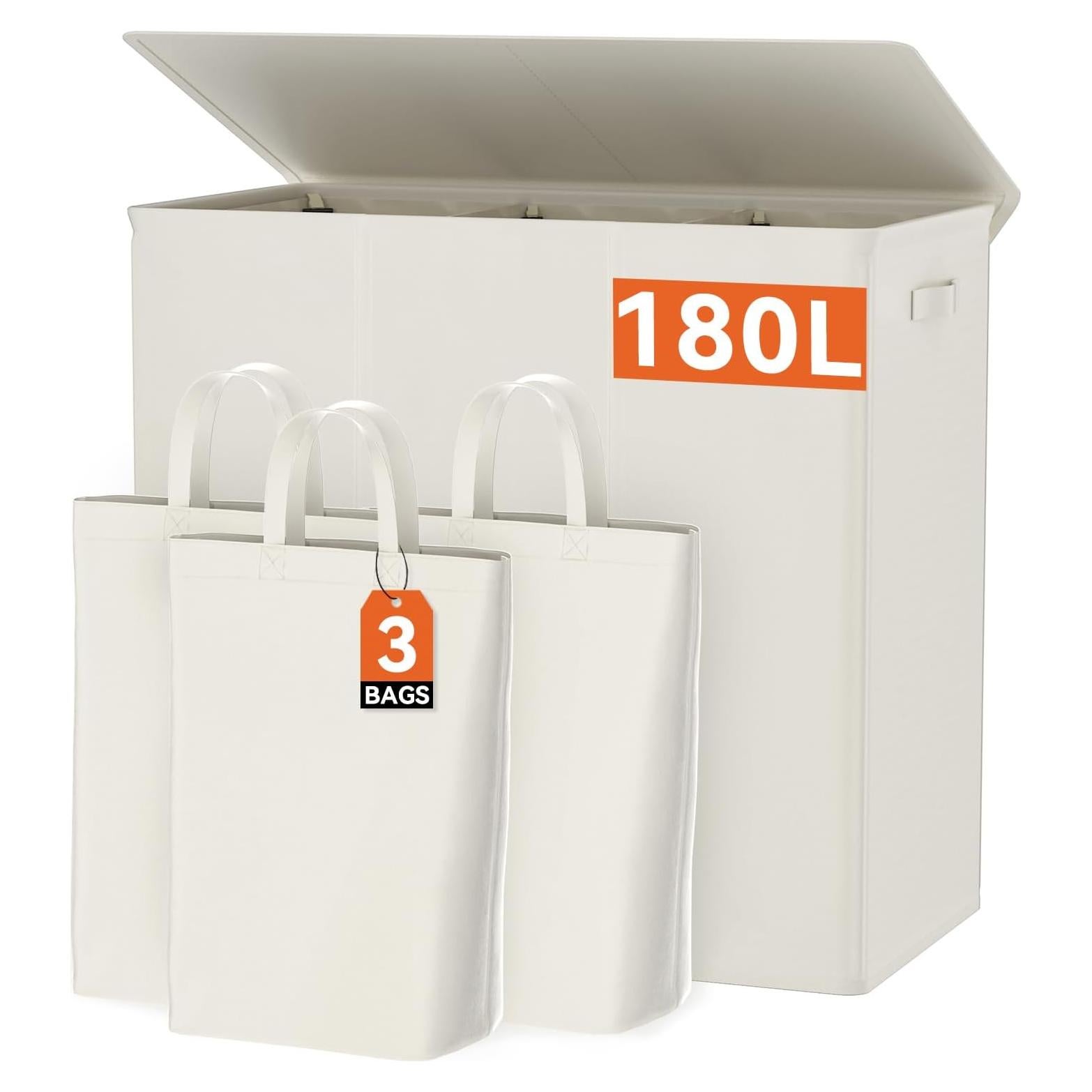 Cesto de Ropa 180L WOWLIVE con Tapa y 3 Compartimentos Beige