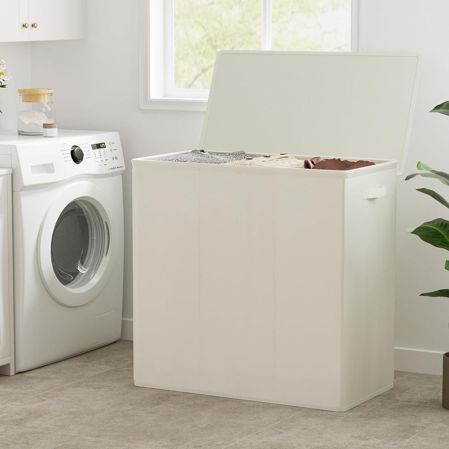 Cesto de Ropa 180L WOWLIVE con Tapa y 3 Compartimentos Beige