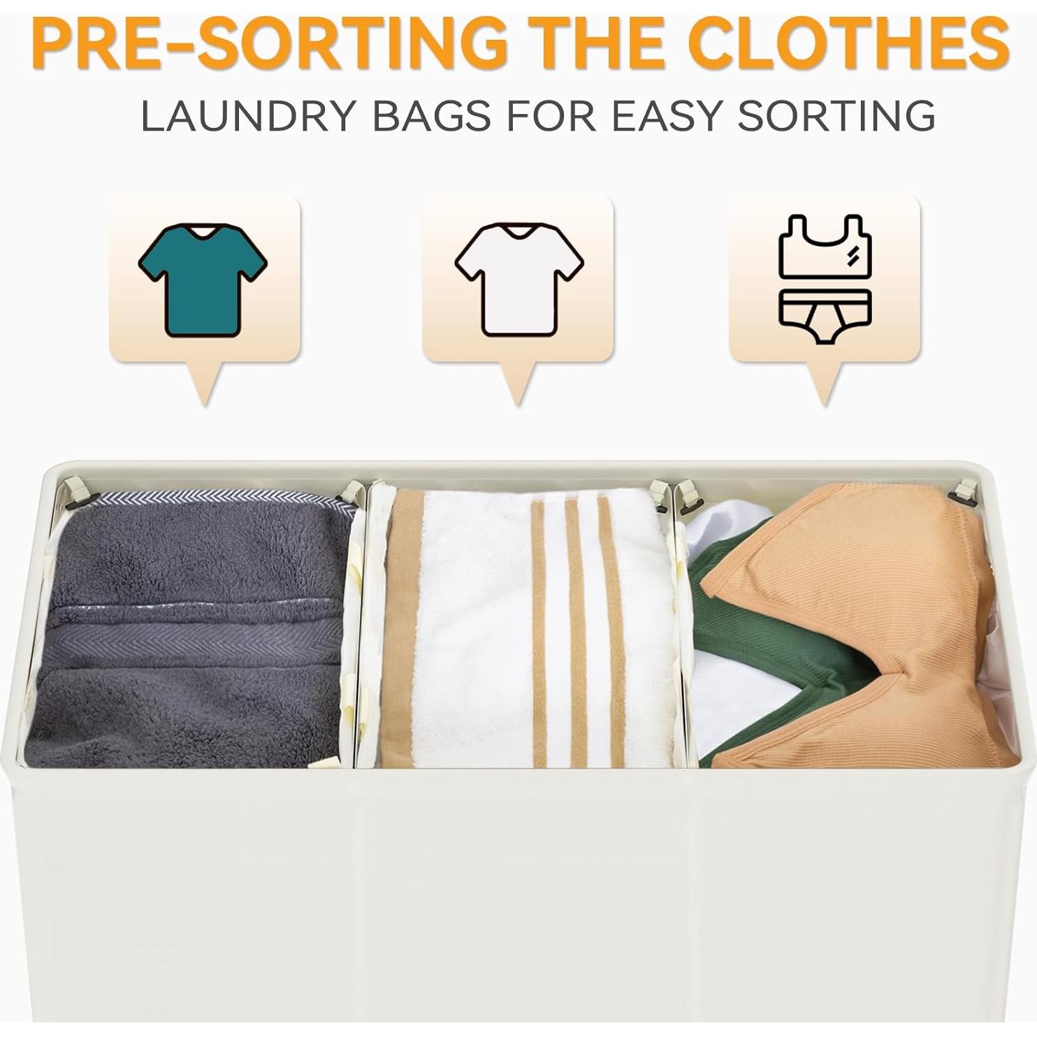 Cesto de Ropa 180L WOWLIVE con Tapa y 3 Compartimentos Beige