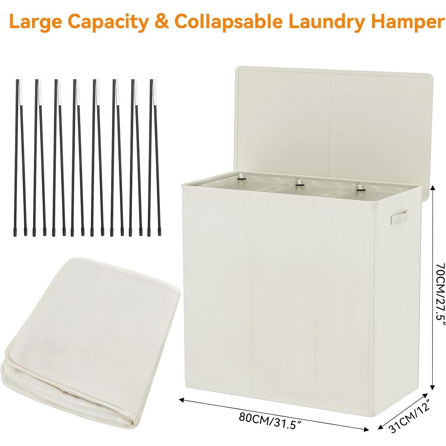 Cesto de Ropa 180L WOWLIVE con Tapa y 3 Compartimentos Beige