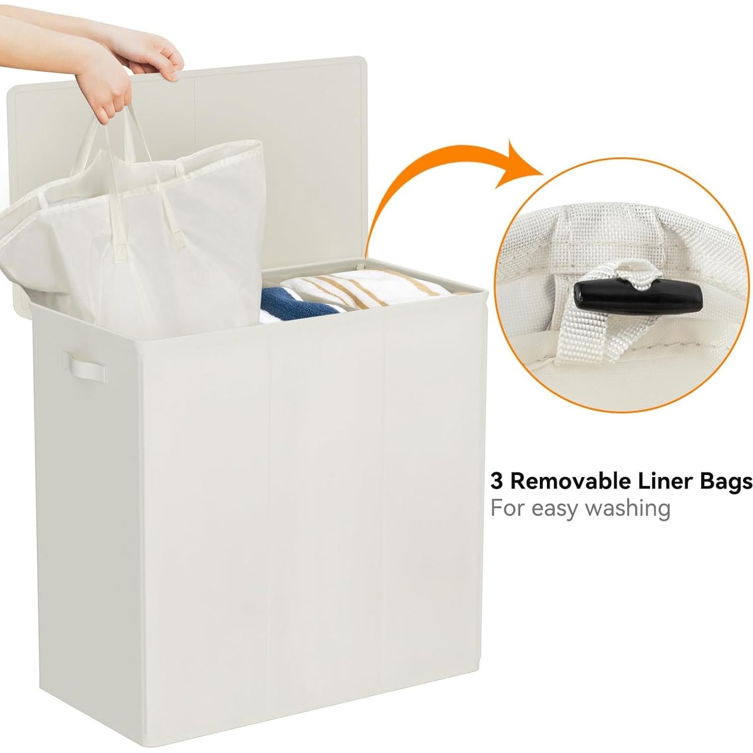 Cesto de Ropa 180L WOWLIVE con Tapa y 3 Compartimentos Beige