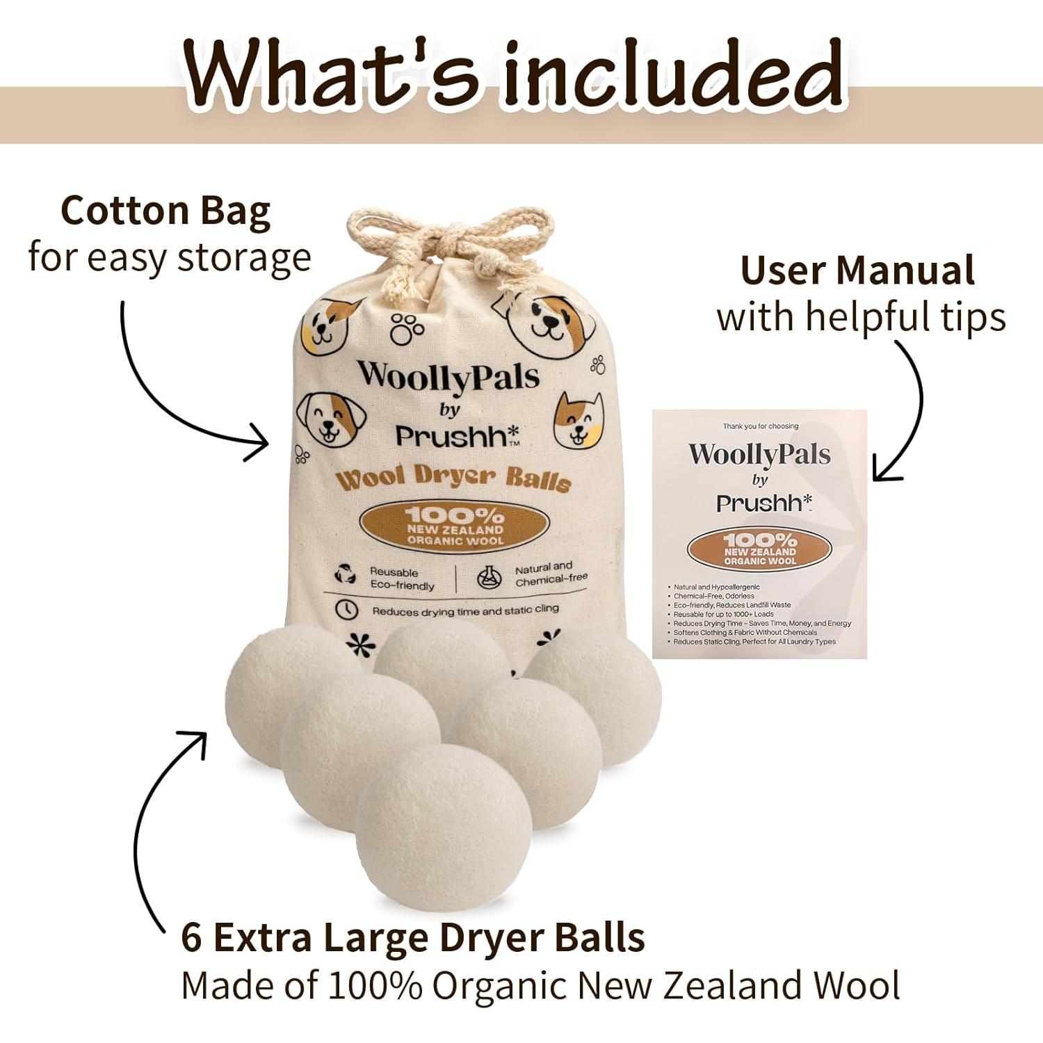 Bolas de Secado WoollyPals XL - 100% Lana de Nueva Zelanda - Paquete de 6