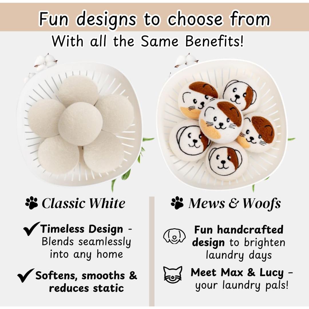 Bolas de Secado WoollyPals XL - 100% Lana de Nueva Zelanda - Paquete de 6