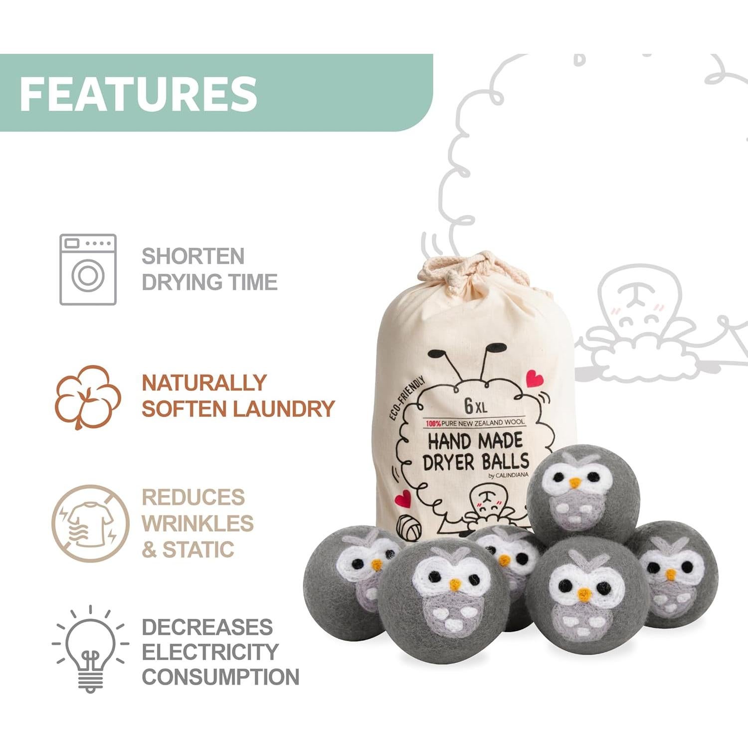 Bolas de Secado Reutilizables Calindiana 100% Lana XL 6 Pzas Gris
