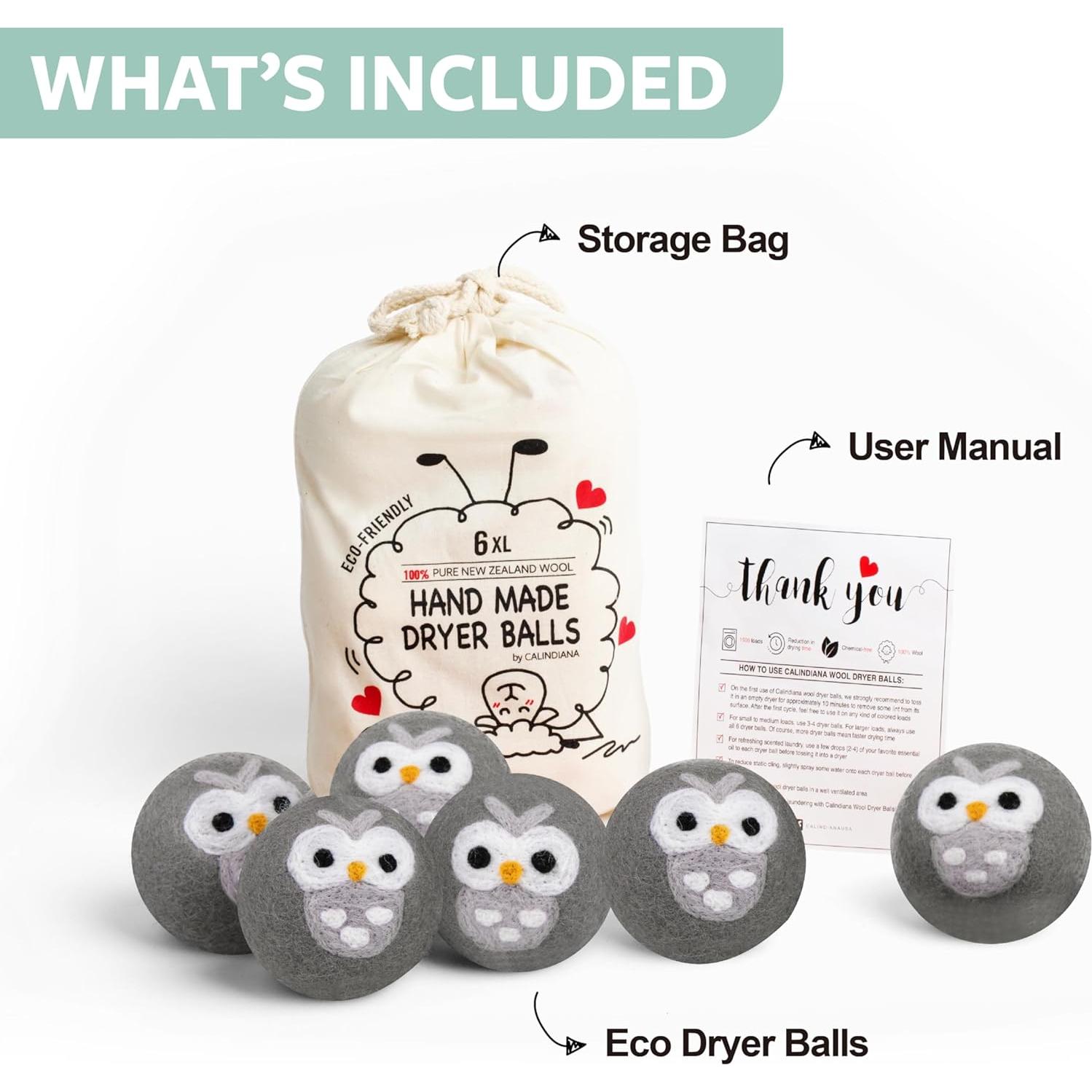 Bolas de Secado Reutilizables Calindiana 100% Lana XL 6 Pzas Gris