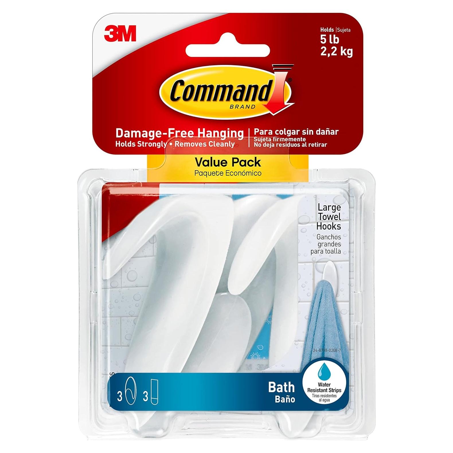 Ganchos Grandes para Toallas Command - 3 Ganchos Esmerilados