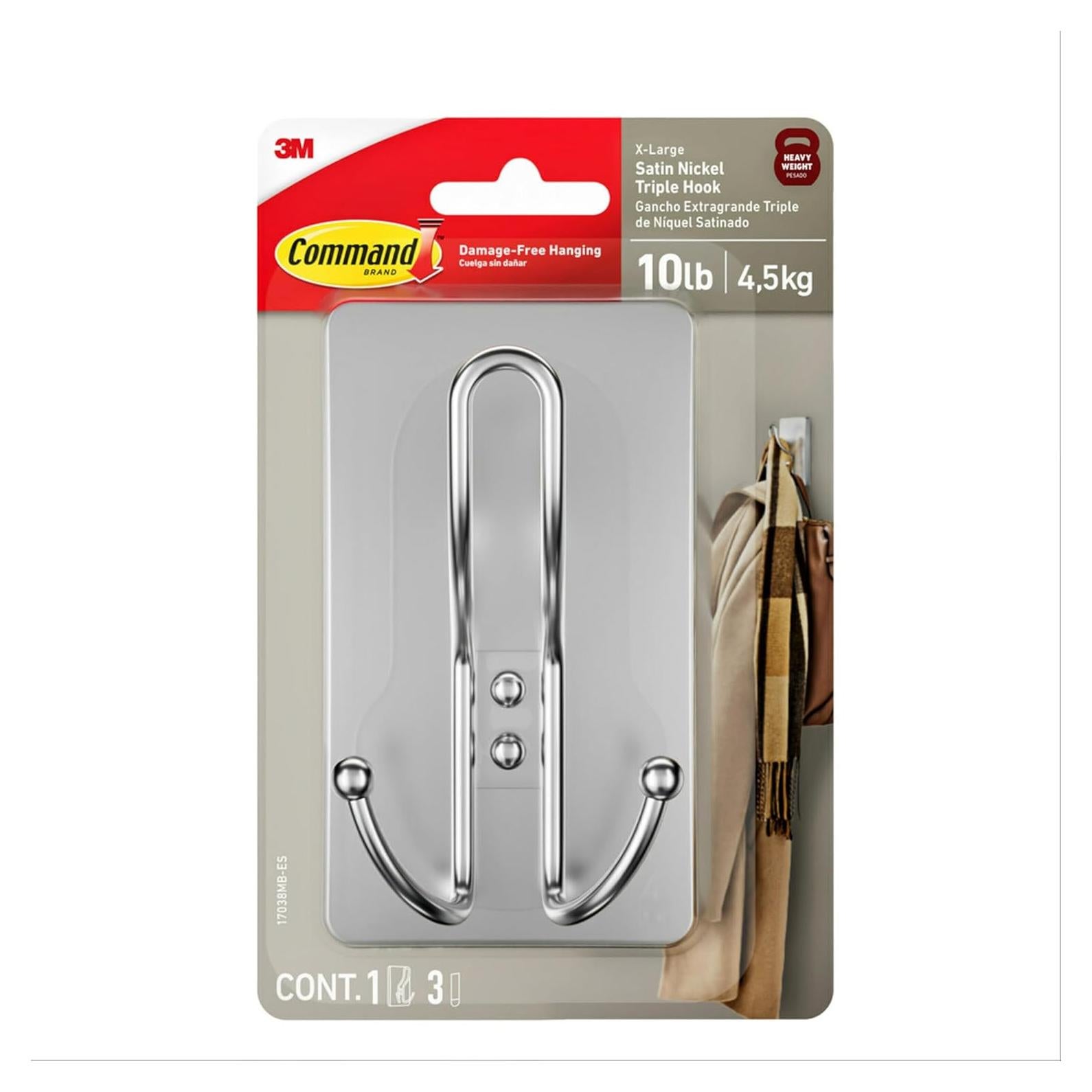 Gancho Triple Satinado Nickel Command 4.54 kg - 1 Gancho