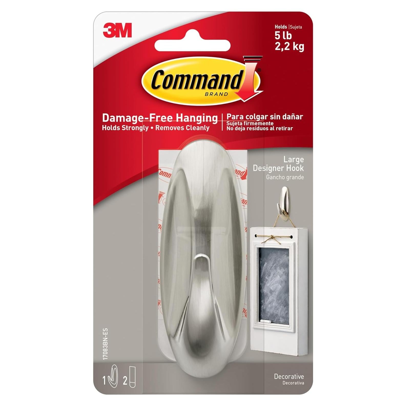 Gancho de Pared Command Grande, Soporta 2.27 kg, Color Níquel