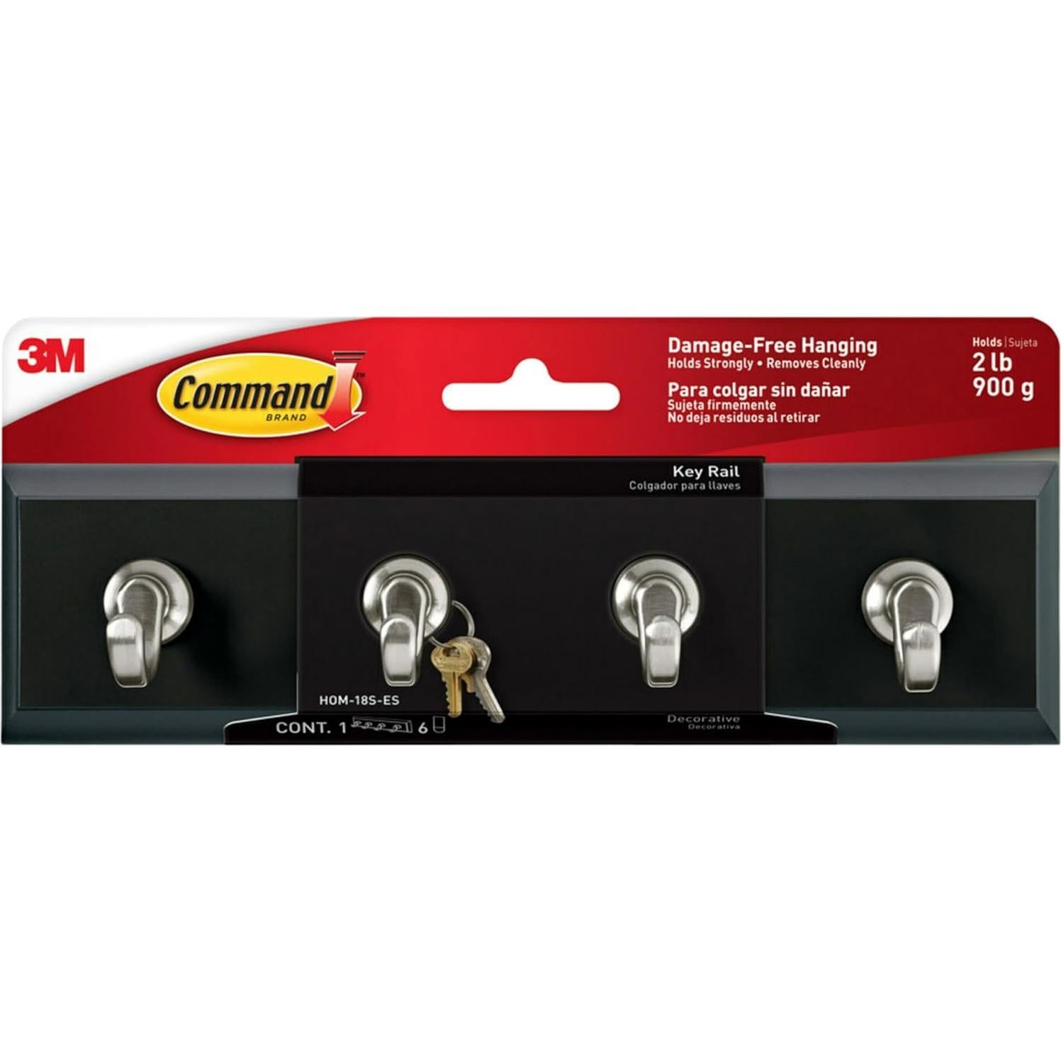 Riel de Llaves 3M Pizarra 20.32 cm con 4 Ganchos Removibles