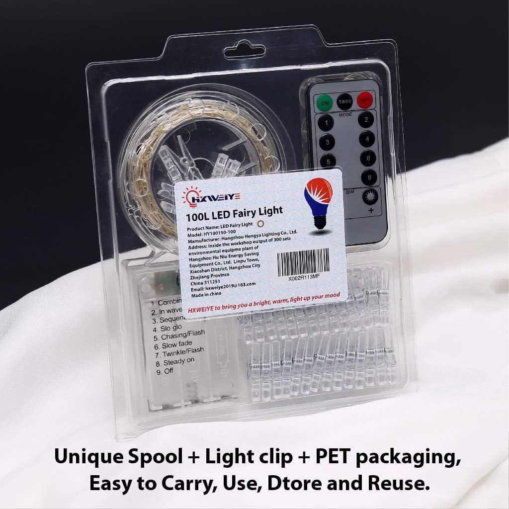 Luz de Cuerda LED HXWEIYE 10M 100 LEDs con Clips y Temporizador